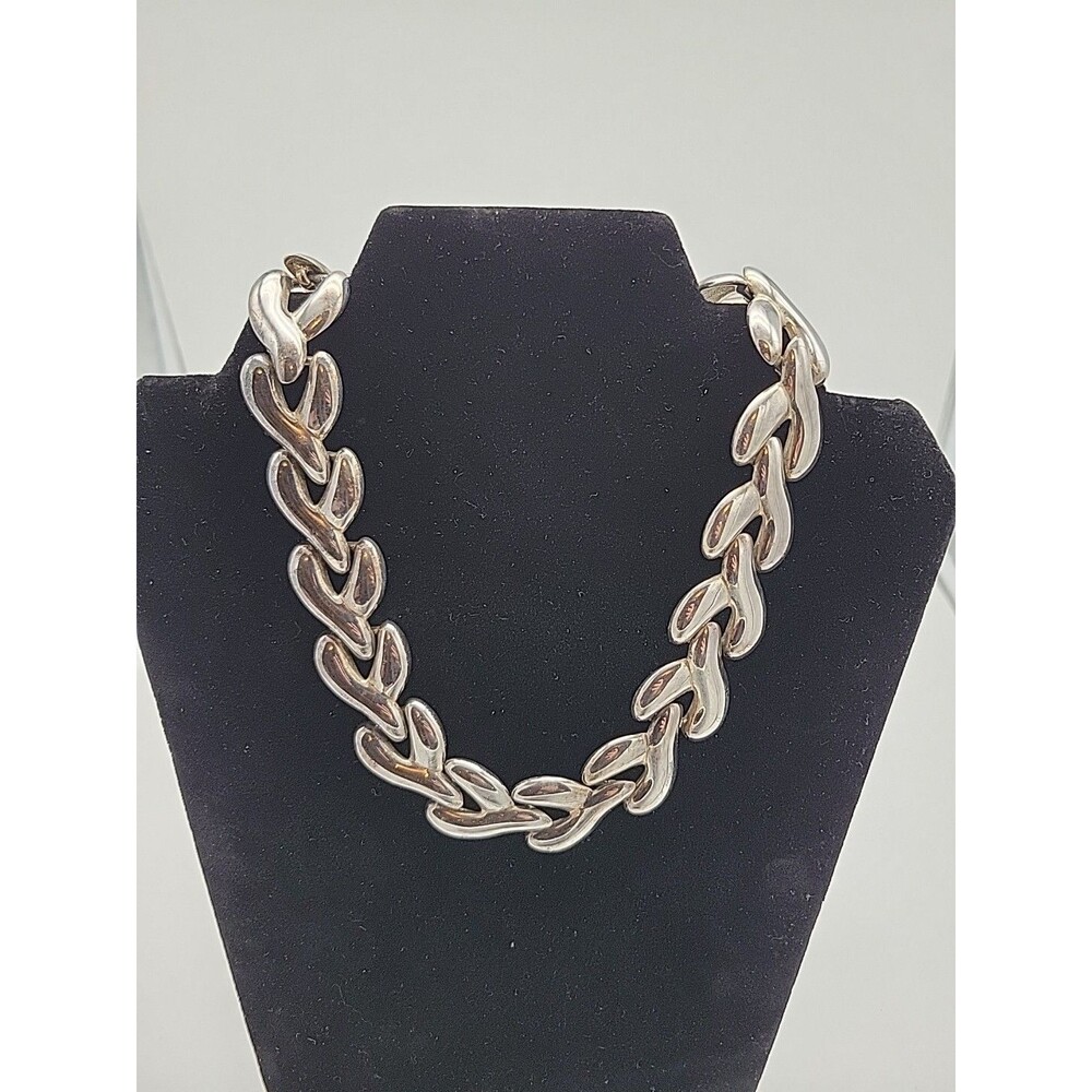 Chunky Vintage Signed Carolee Shiny Silver Y Linked Collar Choker Necklace 17"